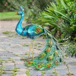Buy 🥰 Exhart Hand Painted Majestic Standing Peacock 15 X 24 In. Garden Statue ⭐
